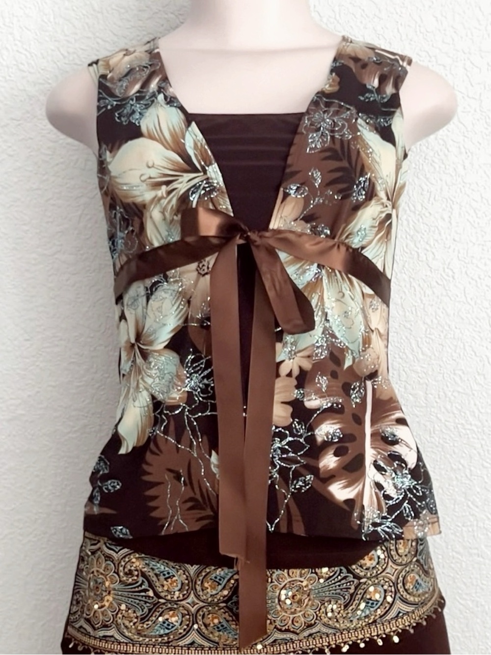 Y2K Vintage Skirt Set Sequined Drapey Jersey Tropical Glitter Floral SZ S/L